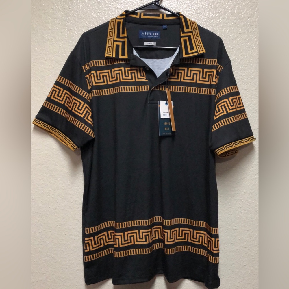 Above Man NW.T. Black and Gold Patterned Polo Collection Shirt.Size XXL Slim Fit